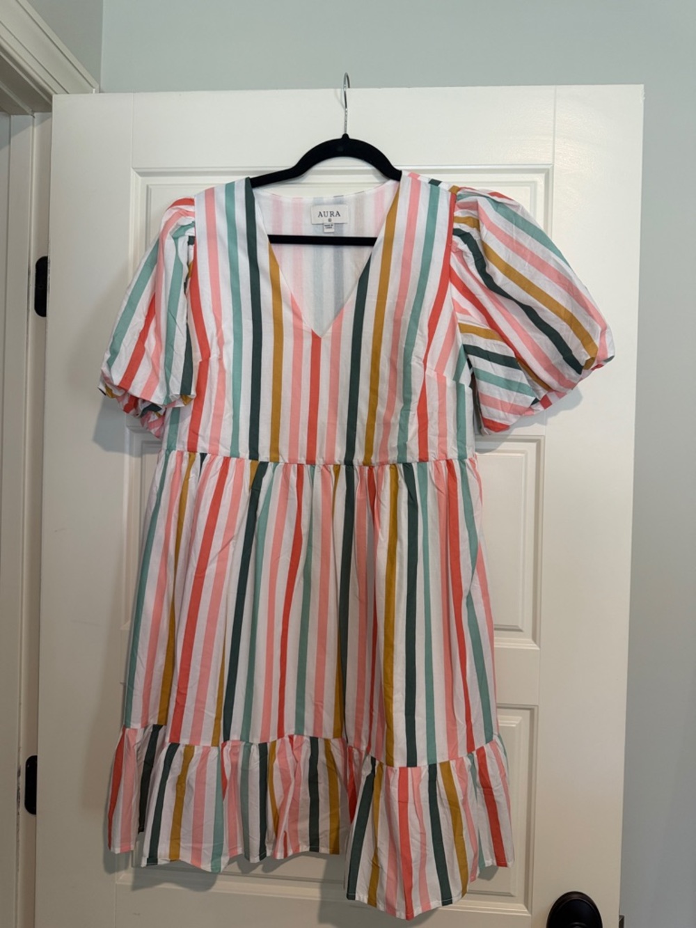 Aura Striped V-Neck Dress in Coral, Green, Mustard & White